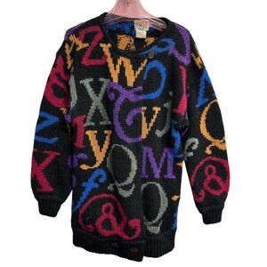 Vtg 80s Cervelle Alphabet Letters Cardigan Sweater Oversized Wool Blend Size M
